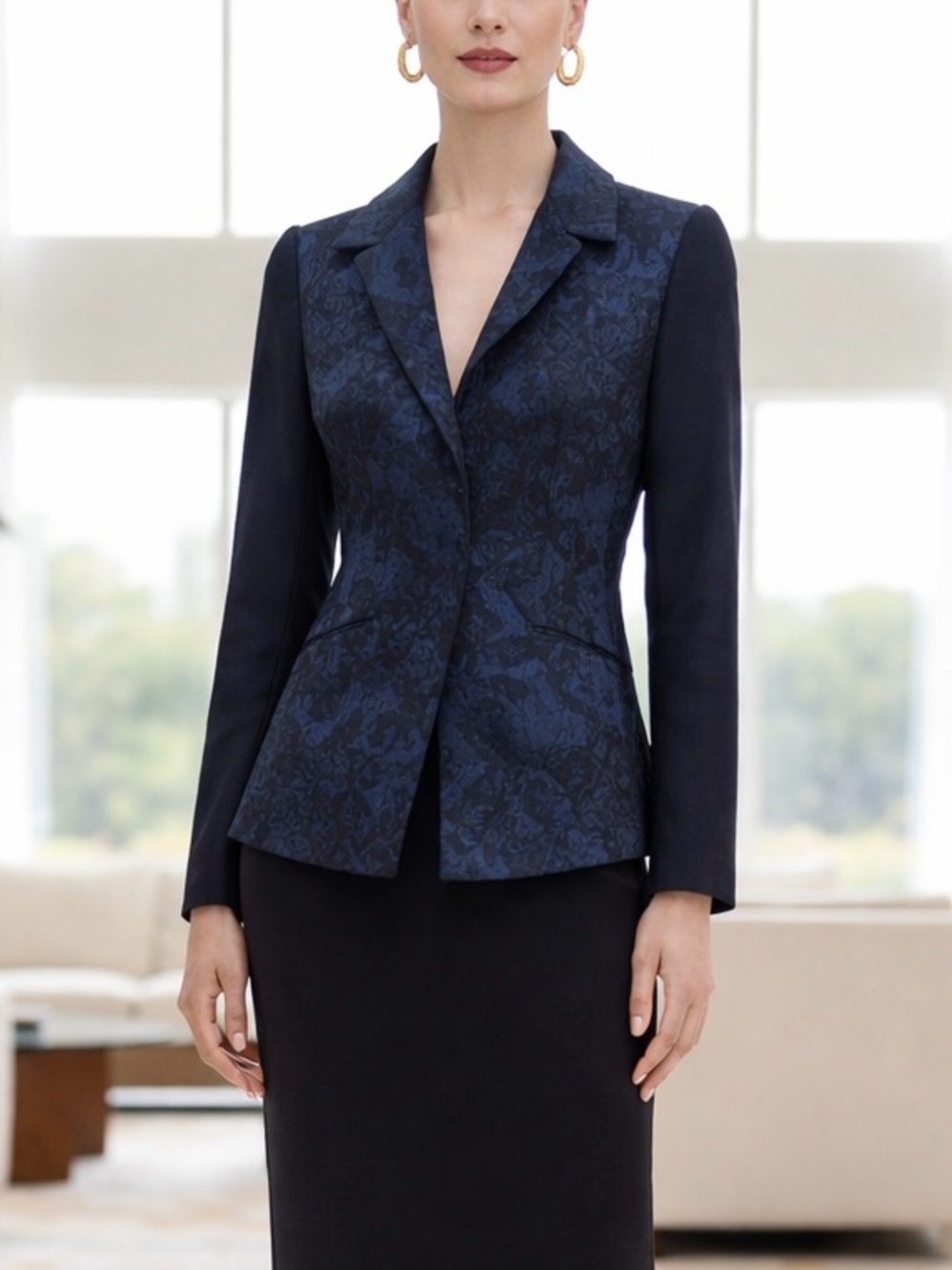 Elie Tahari Blue & Black Jacquard Blazer with Slight Bustle Back; Like New